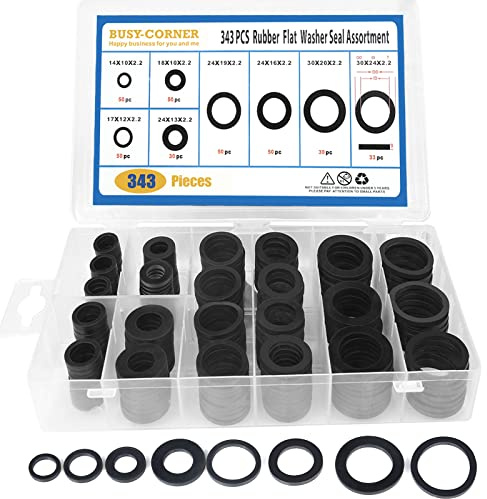 BUSY-CORNER 343 Pieces Rubber Flat Washer Gasket Assortment, Buna-N 70A, 8 Sizes, for Everyday Washer Needs, Ideal Repair Kit for Faucet or Plumbing