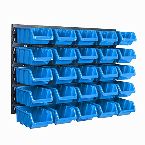 Syst?me de rangement mural - 576 x 390 mm - Lot de 25 boîtes - Boîtes empilables - Boîtes de rangement - Plaques murales extra solides - Étag?res extensibles - Étag?re de rangement pour atelier