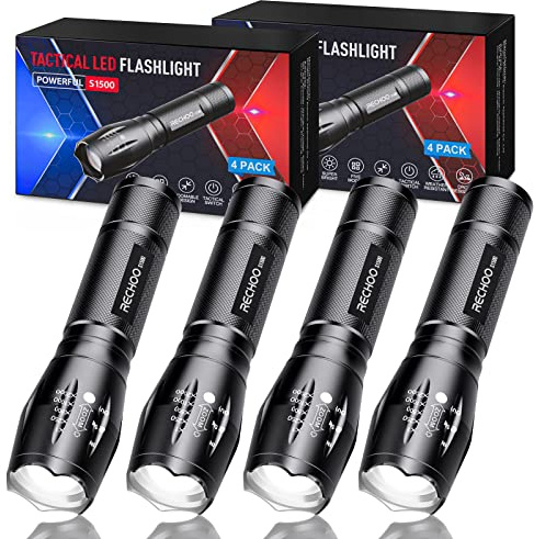RECHOO Tactical Flashlight 4 Pack, Bright Zoomable LED Flashlight with High Lumens and 5 Modes, Waterproof Portable Pocket Flash Light for Emergency, Camping, and Outdoor Use - S1500