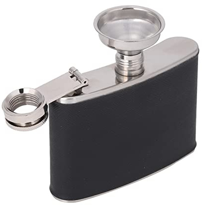 Fiaschetta e imbuto in acciaio inossidabile, fiaschetta in metallo con tappo a vite Fiaschetta in pelle nera per uomo Fiaschetta per liquore Whisky Vodka Wine(4 oz)