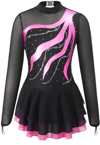 ranrann Robe Patinage Artistique Fille Enfant Justaucorps Gymanstique Manches Longues Strass Tenue Ballet Gym Costume Spectacle 5-16 Ans Rose&Noir 9-10 Ans