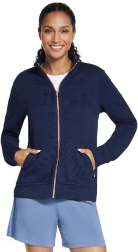 Skechers Women's Cozy Fit Ottoman Jacket, Blue, L | Casual, Soft-Knit, Full-Zip, Recycled Polyester, Mock Neck