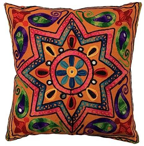 Original Kikan Funda de cojín estilo bohemio con diseño de estrella india Suzani, 40 x 40 cm, bordado multicolor de Suzani, 40,6 x 40,6 cm, fundas de cojín étnico, veganas ecológicas, color naranja