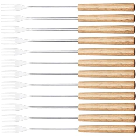 Tyatocepy Ensemble de 12 Fourchettes à Fondue à Griller Muddler Fourchettes à Fondue à la Crème Glacée en Bois + Acier Inoxydable pour Ensemble de Cocktails