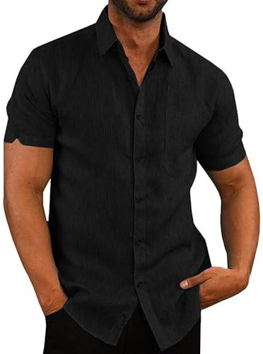 Glacspyg Camisa de Lino Hombre Manga Corta Camisa de Trabajo Casual Vacaciones Verano Playa Negro XL