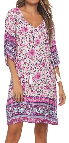 BDTECAOR Dam, vintage, etnisk stil, blommönster, bohemisk tunika, klänning, V-ringad, 3/4-ärm, strandklänningar, sommarklänningar, ROSA, M