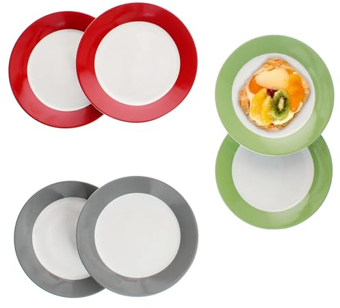 MamboCat 6er Set Variant Trio Kuchenteller I farbige Porzellan-Frühstücksteller für 6 Personen in Grün, Rot & Grau I kleine Teller für Salat, Dessert beim Frühstück, Mittag, Kaffee & Abendbrot