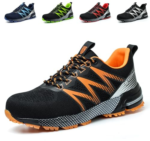 Nasogetch Chaussures de Sécurité Hommes Femme Basket de Securite Légère Confortable Chaussures de Travail Respirantes avec Embout en Acier Orange 43 EU