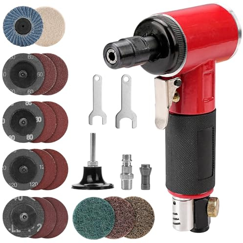 NuoDunco - Amoladora de ángulo neumática, kit de amoladora de aire comprimido incluye mini amoladora angular neumática con 17 unidades de 2 pulgadas diferentes discos abrasivos, 2 portabrocas de 3 mm