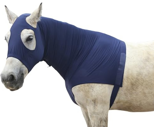 Cappottino da cavallo in tessuto Lycra elasticizzato con cerniera rinforzata e chiusura in velcro regolabile, cappuccio testa di cavallo con copertura integrale per collo blu navy XXL
