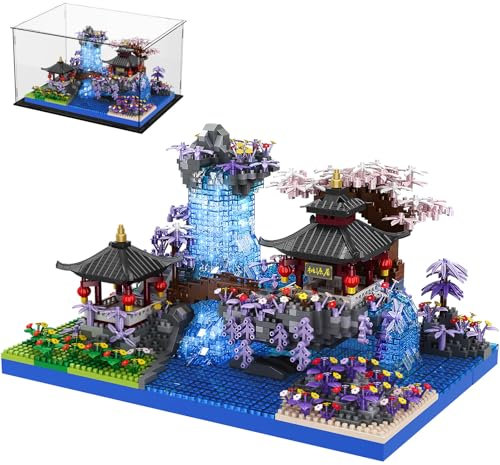 Japanische Kirschblüten Bonsai-Baum-Architektur-Baustein-Sets mit Anzeigekasten Chinesischer Pfirsichblüten-Pool Micro Mini Baumhaus-Gebäude-Modell-Spielzeug-Geschenk für Kinder Erwachsene 2400 Stücke