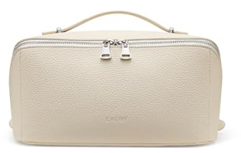 EACHY Travel Makeup Bag, Lychee Leather Large Capacity Cosmetic Bag for Women, Open Flat Toiletry Bag with TPU Brush Compartment, Waterproof Skincare Organizer Travel Essentials