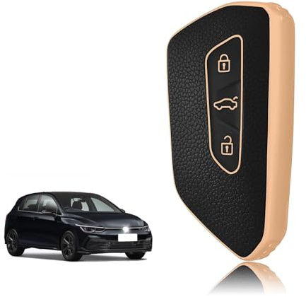 TOOMUME Schlüsselhülle Silikon, Autoschlüssel Hülle Passt für VW Volkswagen Golf 8 Cupra Formentor Born Seat Leon Ateca Skoda Octavia Enyaq ID3 ID4, Schlüsselcover Gold & Silberrand Lederstruktur