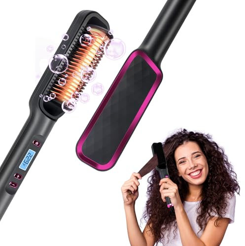 Hair Straightener Brush, 2-in-1 Flat Iron and Comb with LED Display, 30s Fast Heating, Long Lasting Styling for Smooth Hair and Curls, Easy to Use Hair Care Tool