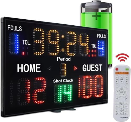 Ousmile Electronic Scoreboard with Stand, Battery Powered Digital Scoreboard with Remote, Basketball Scoreboard with Shot Clock, 12/14/24/30S, Scoreboard for Football/Tennis/Volleyball/Ping Pong