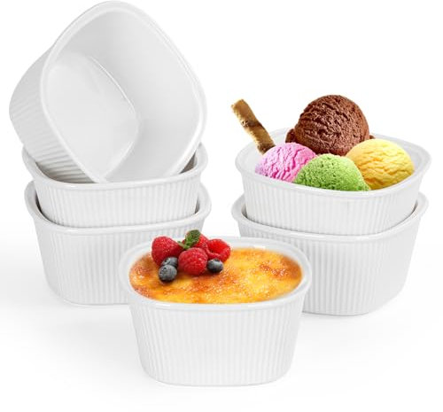 FoiiLiio 6 Soufflé-Formen, 210 ml, Keramikformen, Mini-Schalen aus Porzellan für Creme Brulé, Keramikschalen für Creme Brulee, ofenfest, weiß, quadratisch