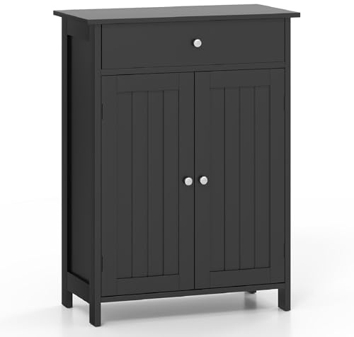 COSTWAY Bathroom Floor Cabinet, Freestanding Storage Cupboard with Drawer, Double Doors and Adjustable Shelf, Wooden Bathroom Unit Side Cabinet for Living Room Hallway, 60 x 30 x 80cm (Black)