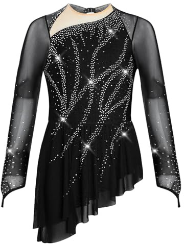 Oyolan Bambino Ragazza Vestito Pattinaggio Di Artistico Maniche Lunghe Strass Asimmetrico Danza Leotard Ginnastica Spettacolo, B Nero, 9-10 Anni