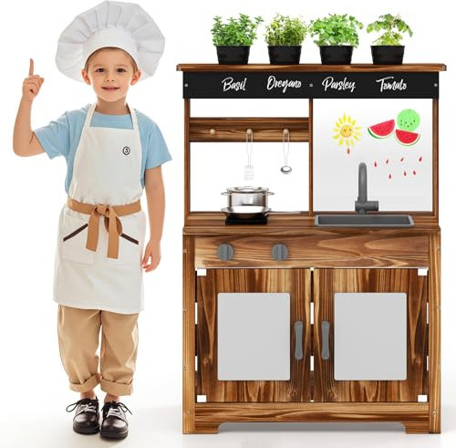 GOPLUS Cuisine Exterieur Enfant en Bois de Sapin, Jouet de Cuisine de Boue avec Tableau Noir, Panneau Acrylique, 4 Pots de Plantation, Robinet, Évier Amovible, pour 3+ Ans