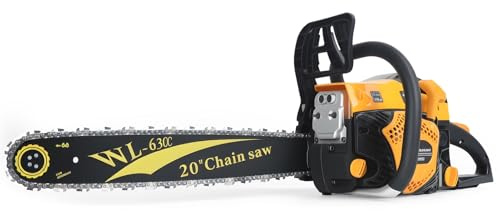 Motosierra de gasolina de 20 pulgadas 63 CC, sierra de cadena de gasolina de 2 tiempos con mango ergonómico, sierra de madera inalámbrica de pequeña vibración para cortar madera, podar árboles, color