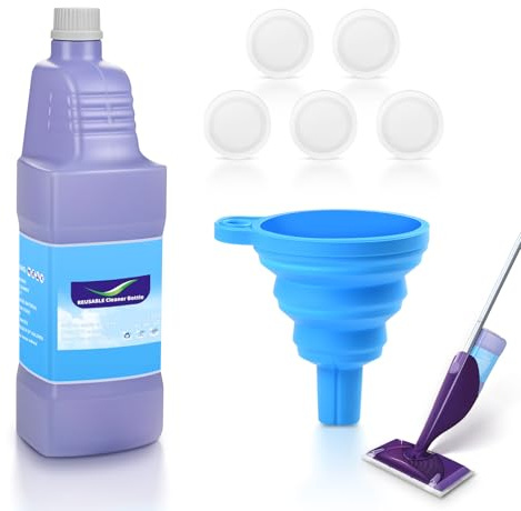 Refillable Replacement Bottle for Flash® Power Spray Mop™, 1.25L / 42.3 oz,Leak-Proof HDPE Cleaner Solution Refill Bottle with 5 Silicone Gaskets 1 Foldable Funnel Empty