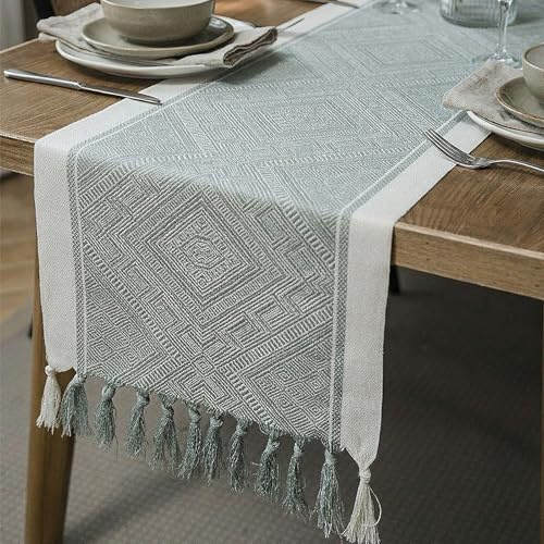 Bordslöpare grön salvia makramé, bomullslin, bordslöpare med tofsar, bordsduk för kök vintage, tvättbar bordsskiva dekor party födelsedag, alla hjärtans dag, bröllop 33 x 140 cm
