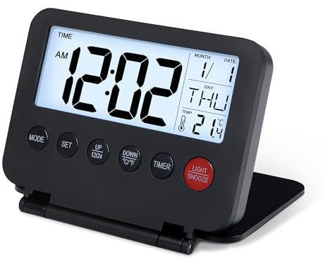 Lafocuse Sveglia Digitale da Comodino, Piccola Sveglia da Viaggio Pieghevole LCD a Batteria Alimentata con Luce Notturna, Temperatura e Calendario, Snooze, 12/24 Ore per Camera da Letto, Scrivania