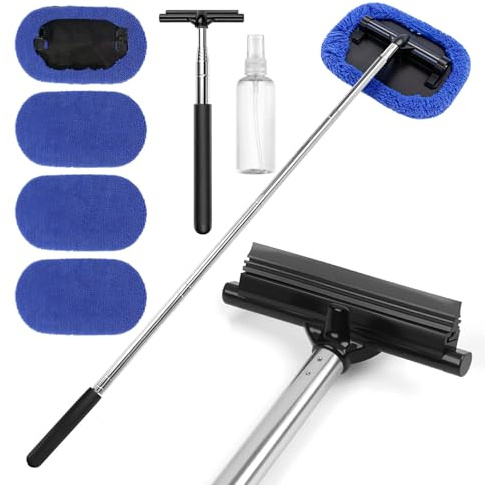 Kit Limpiador para Parabrisas Extensible (22-98.5cm) con Limpiaparabrisas de Inoxidable Cabezal del Limpiar Cristales Coche y Spray Bottle con 4 Paños de Fibra para Limpiar Retrovisores Parabrisas