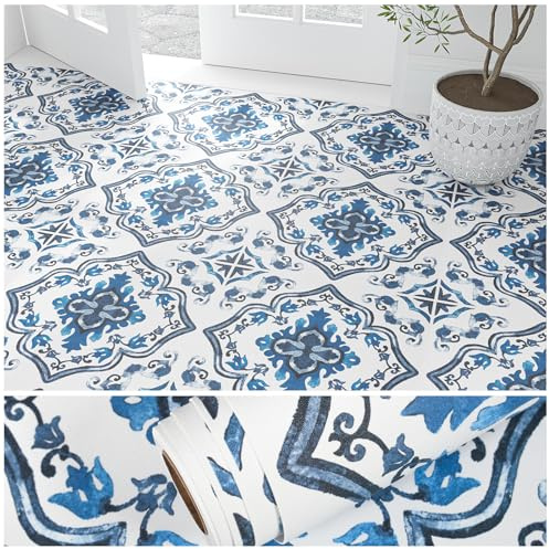 VEELIKE Rouleau de carrelage de sol méditerranéen autocollant bleu et blanc, 30,5 x 300,5 cm, imperméable, très résistant, feuilles marocaines en linoléum pour cuisine, chambre à coucher, camping-car