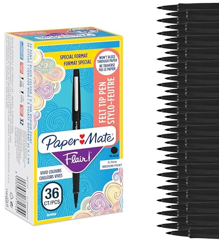 Paper Mate Flair Felt Tip Pens | Medium Point (0.7 mm) Writing Pens | Black Pens | For WritingDrawing & Sketching | 36 Count