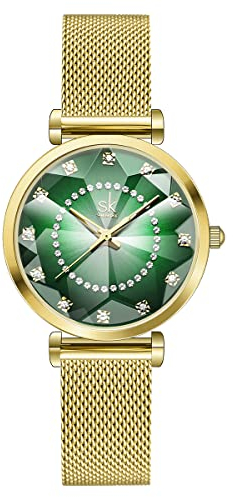 SHENGKE Kreative Damen Uhr Analog Quarz Armbanduhr mit Schwarz Edelstahl Armband Wasserdicht Damenuhren mit Blau Sternenhimmel-Zifferblatt für Frauen Blumen (Genuine Leather-Green)