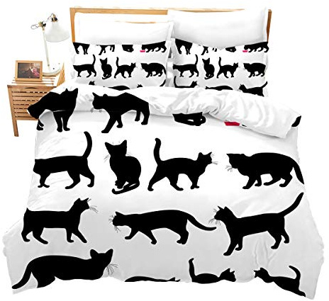 Loussiesd Black Cat Bedding Sets for Girls Kids Cute Cartoon Cat Silhouettes Print Duvet Cover Soft Microfiber, Animal Pets Kitty Design Comforter Cover Teens, 3 Pcs King Bedding Decoration Gift