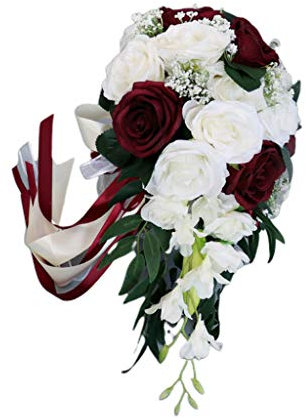 ruiruiNIE Bouquet De Mariée 1 Bouquet De Mariage Romantique Bouquet De Mariée Cascade Fleurs Rose Artificielle avec Ruban Blanc + Vin Rouge