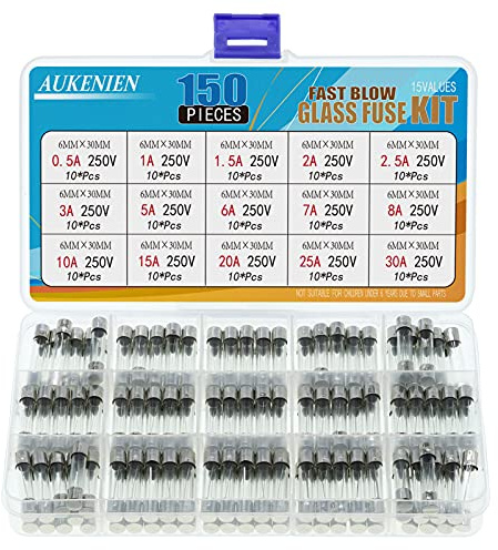 AUKENIEN 150 Stück 0,5A 1A 1,5A 2A 2,5A 3A 5A 6A 7A 8A 10A 15A 20A 25A 30A 250V Sicherungen 6,3x32 6x30 MM Glas Sicherung Glassicherung Glasrohrsicherung Feinsicherung Schnelle Schlag Glasrohr Kit