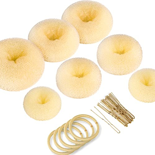 Teenitor Blonde Hair Donut Bun Maker Set, 7pcs Hair Donut Bun Ring with 5pcs Doe Beige Elastic Hair Bands with 20pcs Gold Hair Pins, Hair Bun Doughnut for Ballet Girls Kids, Extra Large Medium Small