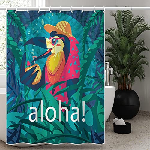 Duschvorhang Waschbar, 3D Duschvorhang Grün Rosa Orange Vogelpflanze Polyestergewebe für Badezimmer Duschen und Badewannen 150X200cm