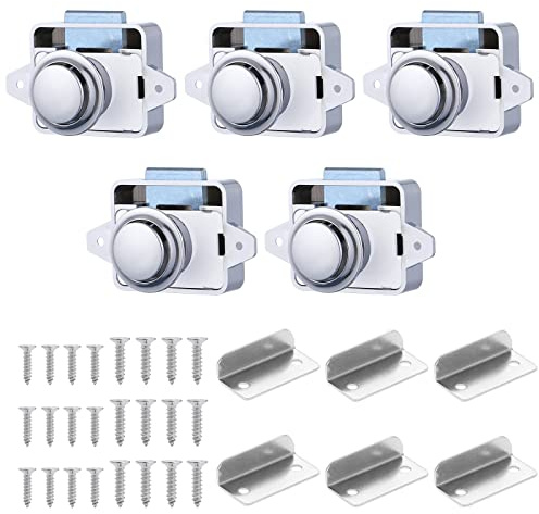 FOXCUP 5 PCS Bouton Poussoir Loquet, Serrure Tiroir et Verrou Porte Placard, Loquet de Verrouillage de Porte Sans clé pour Camping-car, Yachts, Bateau, Caravane Argenté