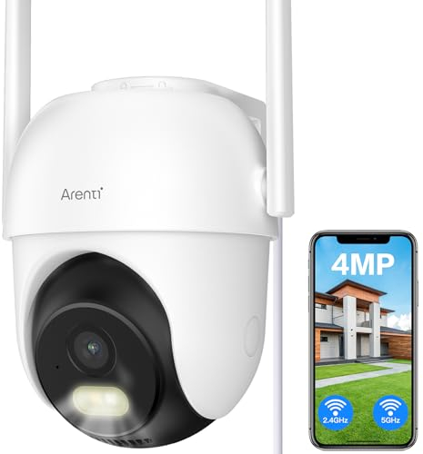 ARENTI 2,5K/4MP Caméra Surveillance WiFi Extérieure, 2,4GHz/5GHz Caméra IP, Détection de Mouvement PIR, 355° PTZ, Vision Nocturne Couleur, 24/7, Audio Bidirectionnel, IP65, Alarme Sonore et Lumineuse