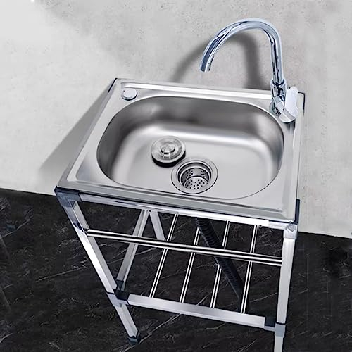 Fregadero Comercial de Acero Inoxidable Con Agua Fria Y Caliente Grifo Fregaderos de Cocina Independientes,1 Compartimientos Fregadero Exterior,Para Restaurante,Lavandería (53x38x83cm)