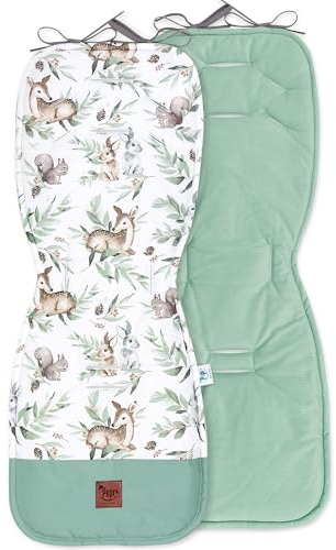 Pepi Beidseitig Sitzauflage Kinderwagen 33 x 85 cm - Sitzauflage Buggy 100% Baumwolle - Kinderwagen Einlage 6 Löcher für Sicherheitsgurte - Kinderwagen Sitzauflage Grüne Rille mit Samt