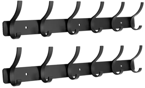 ZGELIN Coat Rack Wall Mounted,6 Coat Hooks for Hanging Coats,Metal Double Hook Rack Hook Rail,Coat Rack with Hooks,Wall Mount Coat Hanger for Hat Towel Purse Robes (2 Pack Black, 6 Hooks)