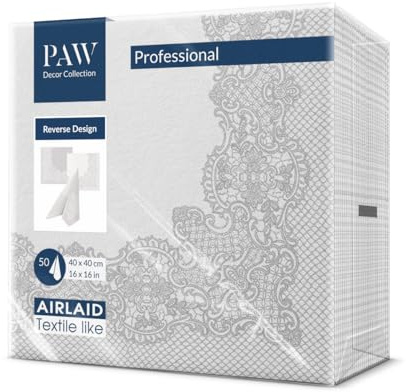 PAW - Servilletas Papel Airlaid (40 x 40 cm) I 50 Piezas I Ideal para Bodas, Bautizos, Comuniones, Cumpleaños I Decoración de Mesa I Reverso Royal Lace Blanco Plateado