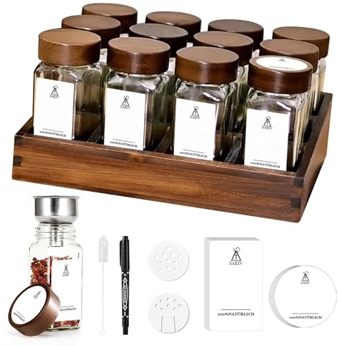 SAEIV Portaspezie in legno ecologico con 12 scomparti | 12 barattoli per spezie da 120 ml | Portaspezie con barattoli 90 etichette tedesche | portaspezie in piedi | Organizer per spezie