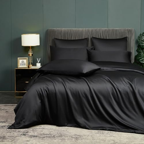 Luowei Ropa de cama de bambú 135 x 200 cm, color negro, fibra de bambú, fibra de poliéster, lujosa, suave, ligera, fresca, funda de edredón de verano con cremallera y funda de almohada