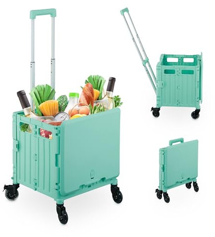 Relaxdays Carrito de Compra Plegable, Carro con Ruedas Giratorias, para 35 kg, Caja Mango Telescópico y Tapa, Turquesa