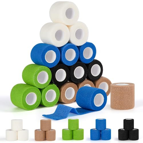 FoiiLiio 5cm x 4,5m Bandage Autoadhésif, 15 Rouleaux Bande Cohesive pour Poignet Cheville Doigt, Bande Auto Agrippante pour Chats Chiens