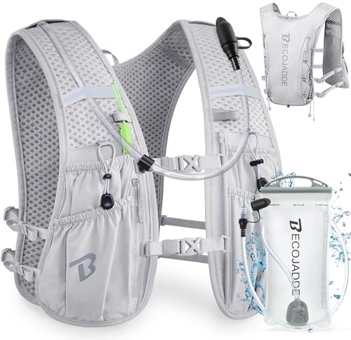 BECOJADDE Running Vest Hydration Backpack Lightweight 5L Water Pack with One 1.5L Water Bag for Men Women, Running Backpack Hydration for Marathon, Trail, Cycling, Hiking, Jogging Grey