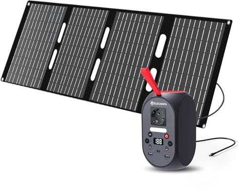 ELECAENTA Estación de Energía Portátil 99Wh con ETFE Cargador Solar Portátil 60W, Acumulador Portatil Energía LiFePO4 Batería de Reserva para Camping y Emergencia