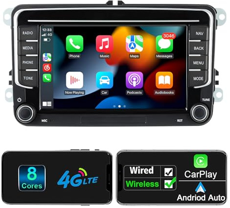 Android Autoradio mit Navi Bildschirm für VW Golf 5 6 Seat Passat, 8-Core 4GB+64GB Wireless Android Auto Carplay VW Radio, 7 Zoll VW Polo T5 Radio RDS FM GPS Bluetooth WiFi