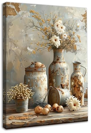 Dazzlewall Margarita Floral Arte de La Pared, Vendimia Rústico Botánico Impresión Sobre Lienzo Para La Cocina Decoración de Baño de Granja 30X40 cm Enmarcado